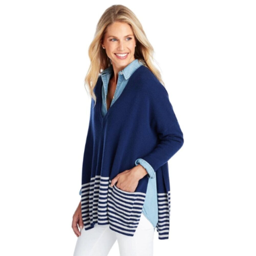 Vineyard Vines Oversized Striped V-Neck Poncho Sweater in Navy & Gray Size XS - Picture 5 of 12
